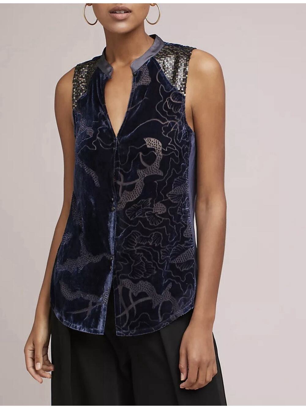 Anthropologie Tiny Velvet Sequin Ileana Navy Blue Burnout Small Shear Sleeveless